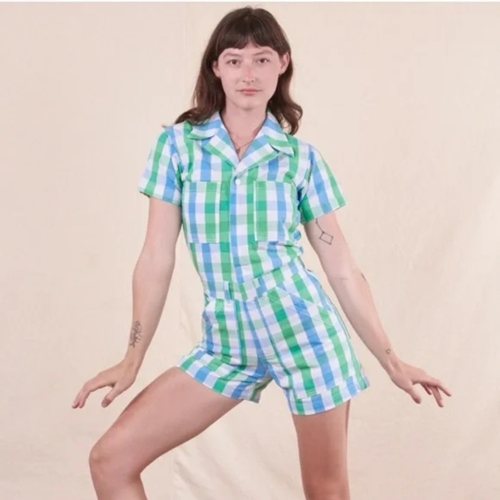 New Big Bud Press - Green and Blue Gingham Plaid Short Sleeve Romper